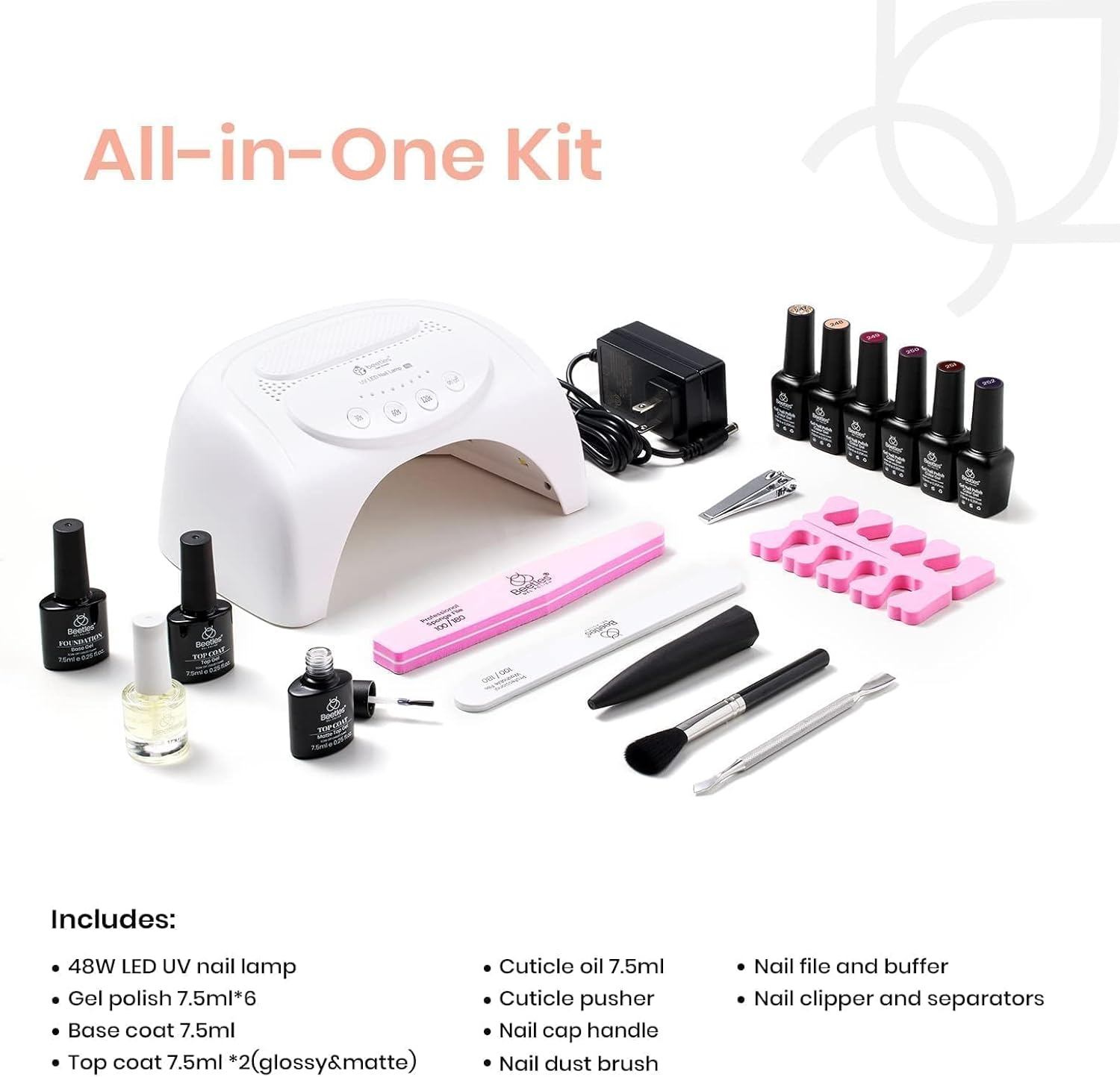 Beetles 6 Colors Burgundy Red Gel Polish Starter Kit with 48W UV LED Light, Base, Matte Top Coat, Glitter Polish Set for DIY Home Manicure - Women and Girls