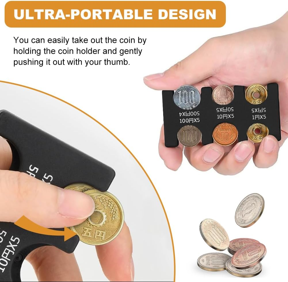 Japanese Yen Coin Holders Hard Case Organizer, Portable Coin Dispenser with 6 Slots Rectangle Plastic Coins Sorter Collection Wallet for Travel Car Coins Storage (Black +Transparent) image number 2