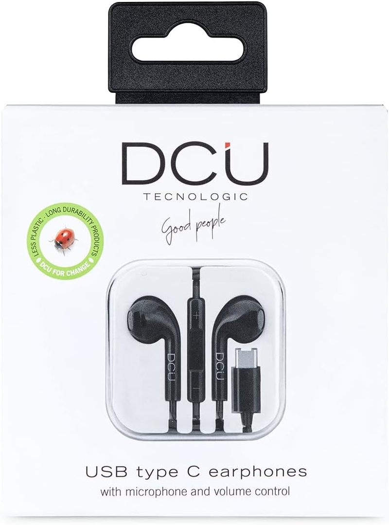 DCU TECNOLOGIC, Headphones, Wired Headphones with USB Connector, Microphone and Volume Control, Type C with Stereo Sound, Black