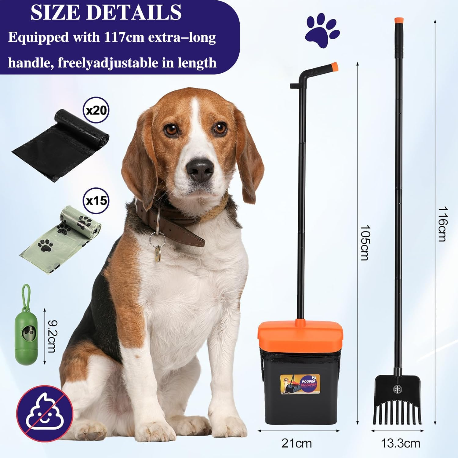 Pooper Scooper Swivel Bin & Rake Kit,114Cm Adjustable Dog Poop Scooper,With 35 Dog Waste Bags,Portable Dog Poop Picker,For Lawns, Grass, Dirt,Gravel-Dog Waste Set/Garden Cleaning Kit image number 3