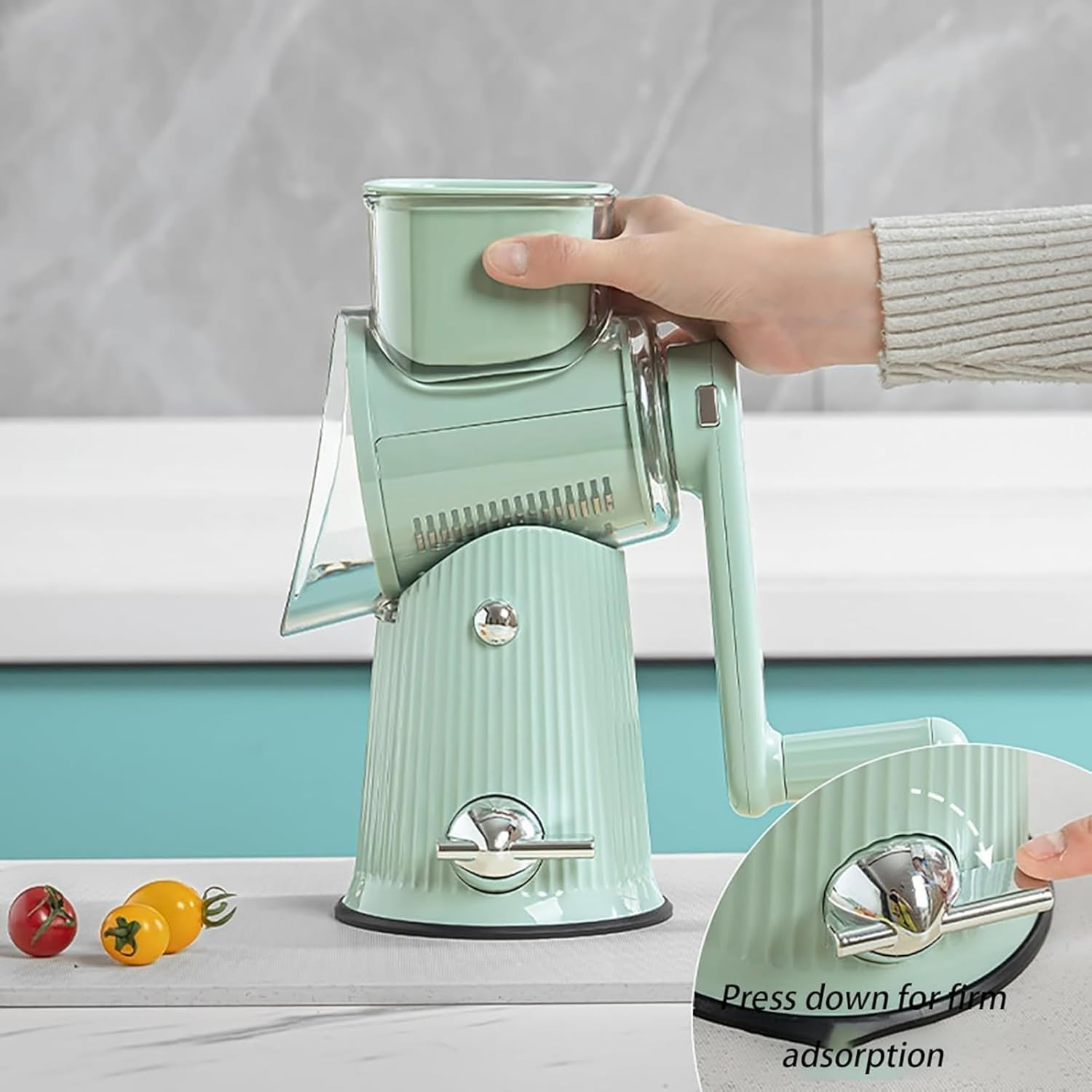 Tasmegol 5 in 1Rrotary Cheese Grater Hand Crank Food Shredder Vegetable Slicer with Handle for Kitchen （Green image number 6