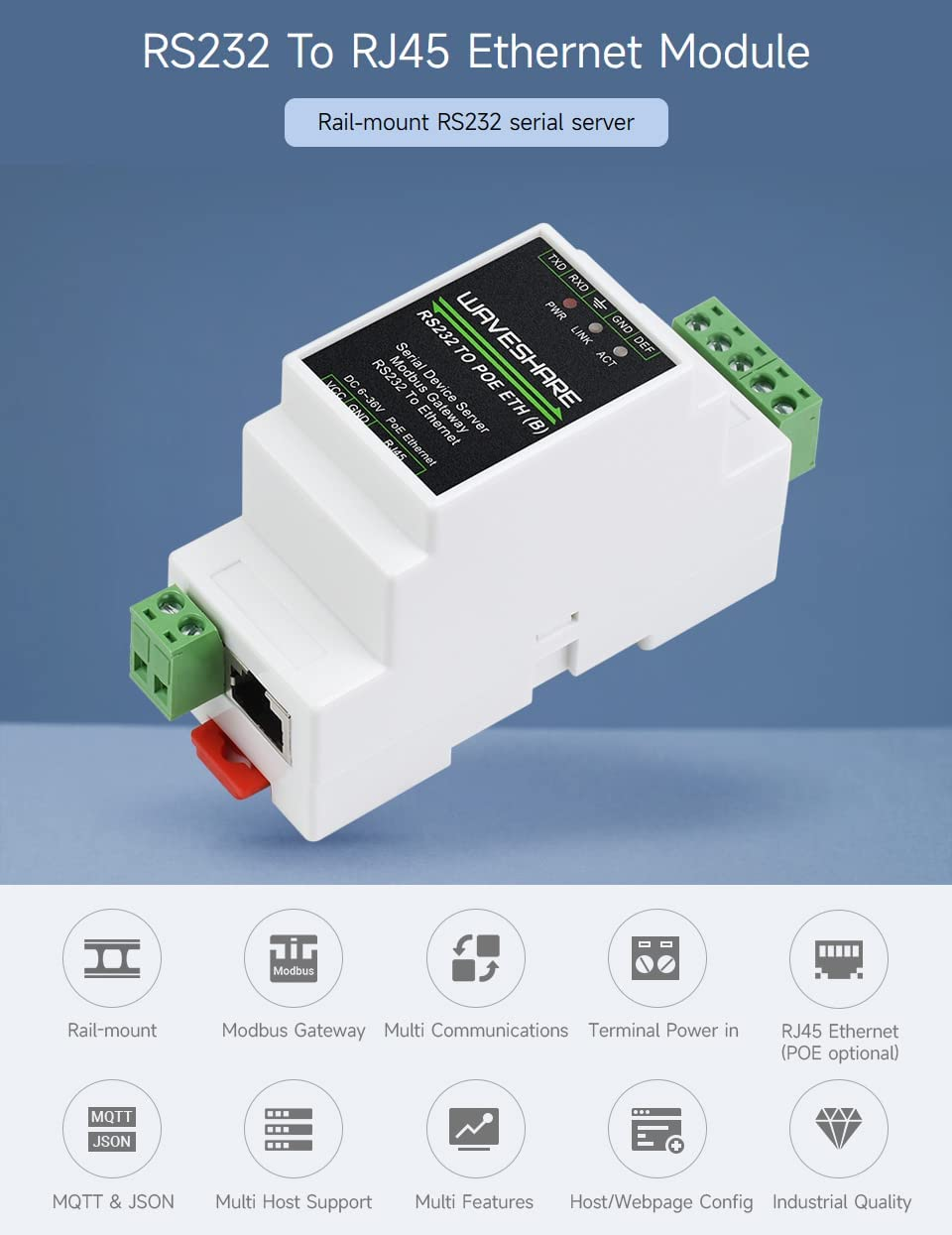 Waveshare Industrial Serial Server, RS232 to RJ45 Ethernet, TCP/IP to Serial, Rail-Mount Support, with POE Function image number 6