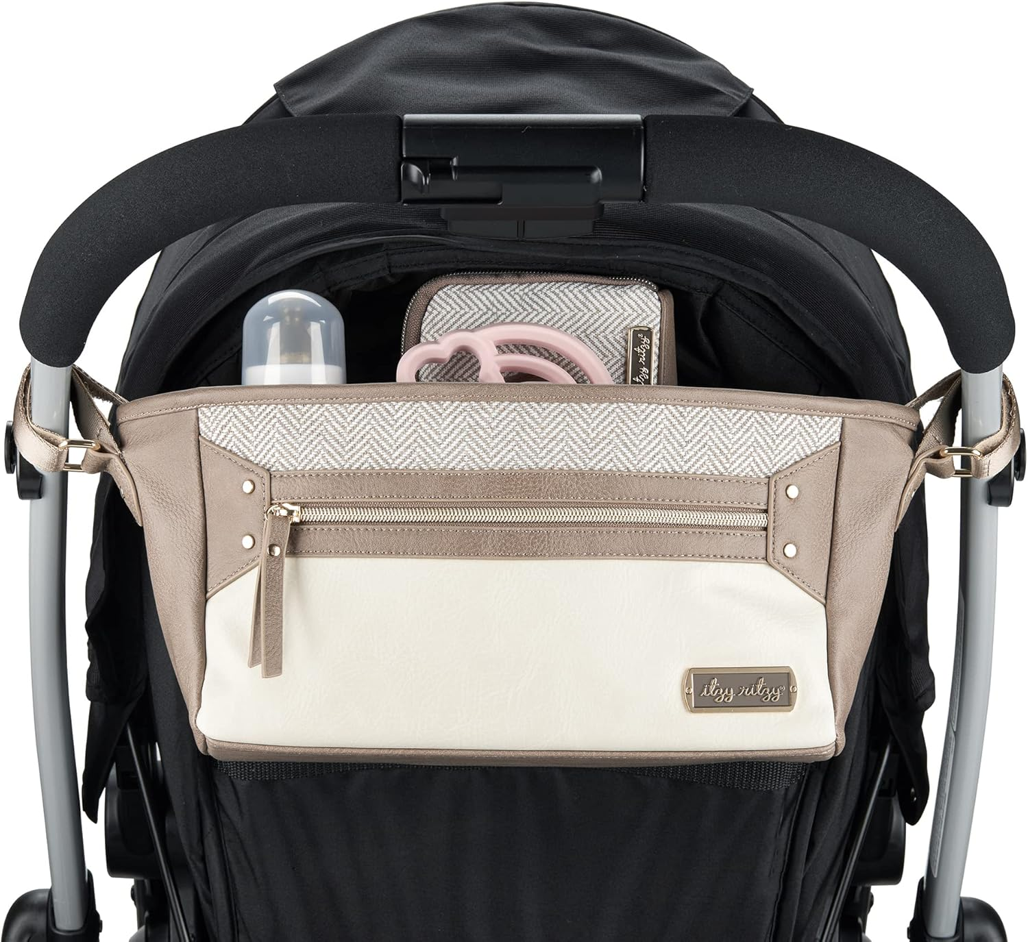 Itzy Ritzy Adjustable Stroller Caddy, Stroller Organizer Featuring Two Built-In Pockets, Front Zippered Pocket and Adjustable Straps to Fit Nearly Any Stroller, Grayson