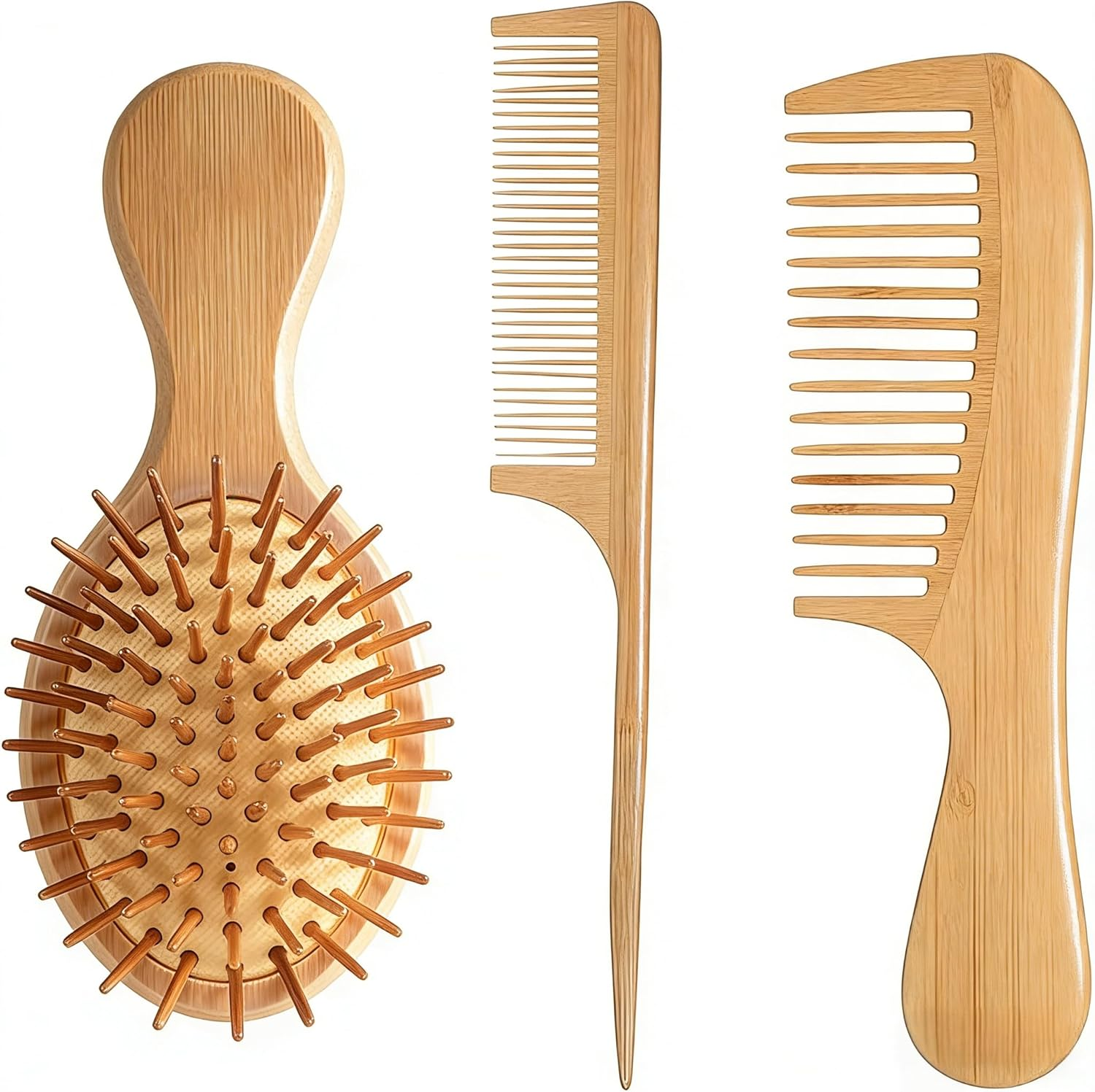 Bamboo Hair Brush and Comb Set 3 PCS, Wooden Hair Brush with Rat Tail Comb, Wide Tooth Comb and Cushion Brush for Curly and Straight Hair image number 2