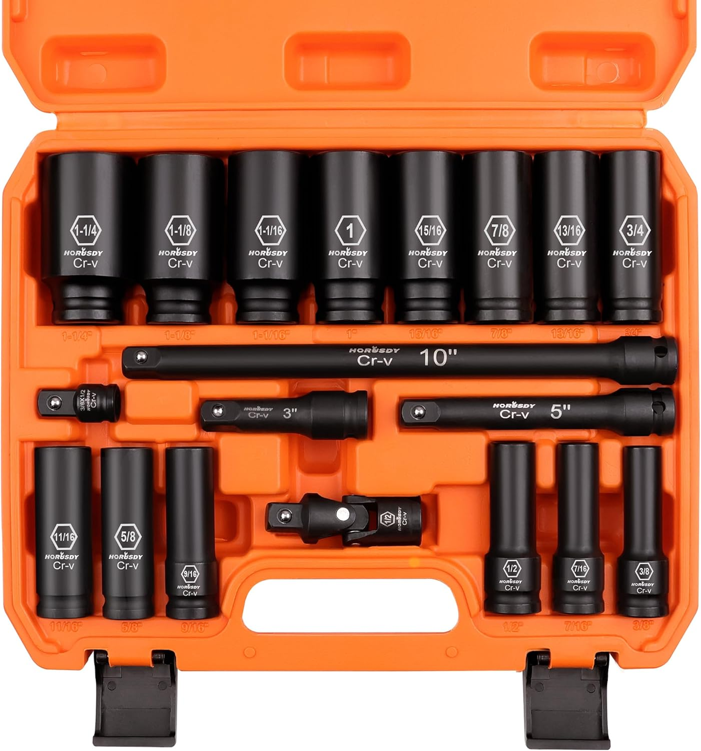 HORUSDY 19-Piece 1/2-Inch Drive Impact Socket Set, Imperial 3/8-1-1/4 Inch 6-Point Deep Sockets Set SAE Heavy Duty with Storage Case image number 1