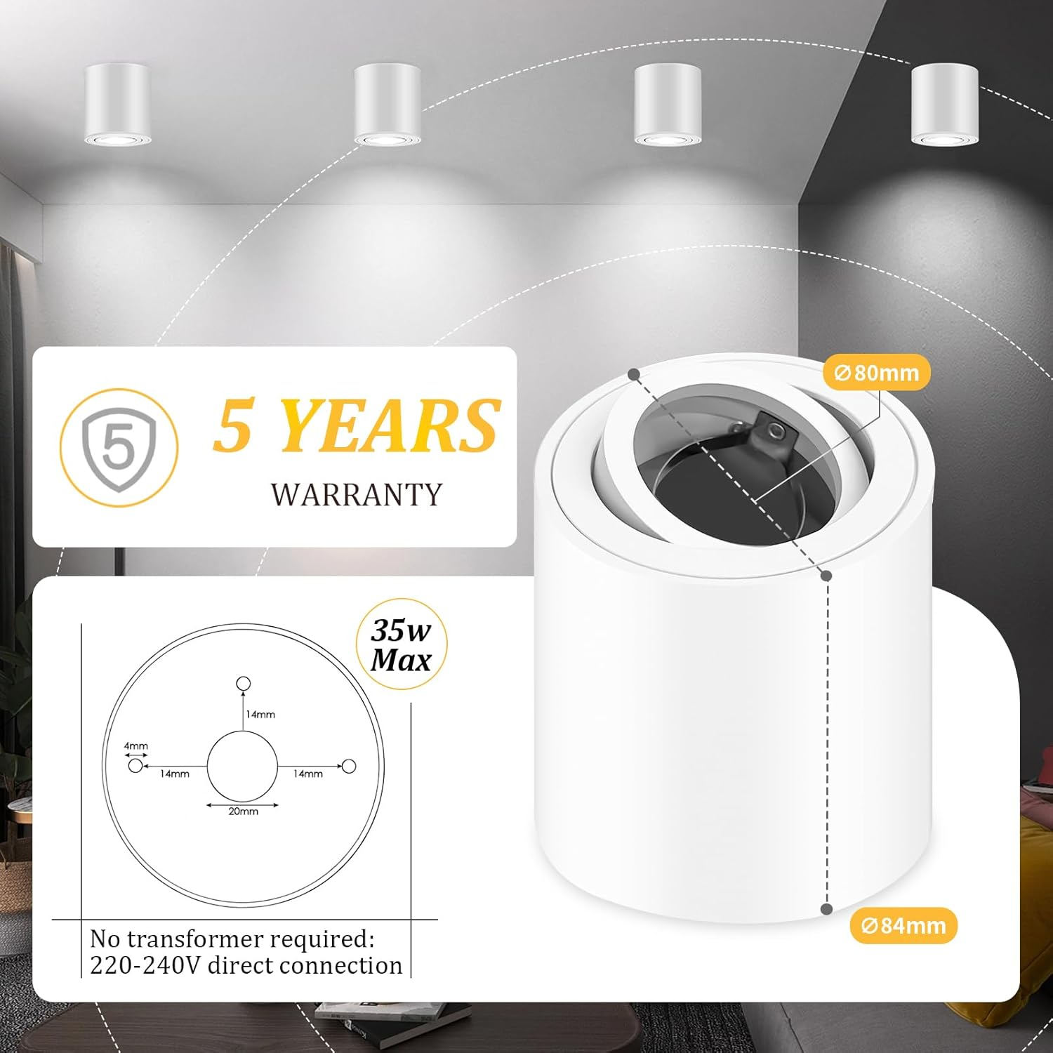 Geyoulux 4 X Adjustable Surface Mounted Spotlight, GU10 230V Ceiling Spotlights &Oslash;80 X 84 Mm, Ceiling Light LED GU10 Socket, Downlight Lamp Lighting for GU10 and LED Modules, White Round