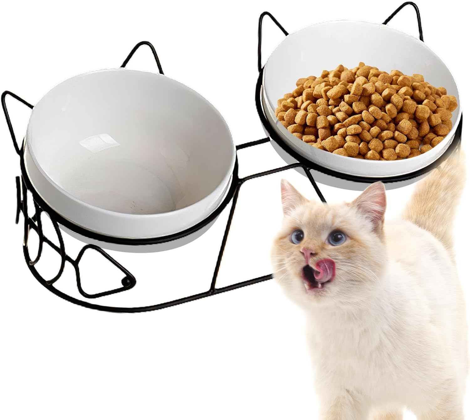 Raised Cat Bowl, Ceramic Feeding Bowl, Feeding Station, Raised Set of 3 with 15&deg; Tilted for Cats and Small Dogs, Double Bowl image number 3