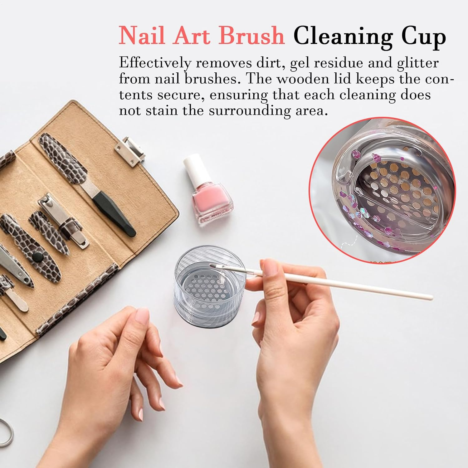 Storage Cup and Filter - Nail Arts Brush Cleaner Cup, Portable Nail Brush Cleaning Tool for Nail Salon, Nail Glass Cup with Lid, Storage Cup and Filter image number 3