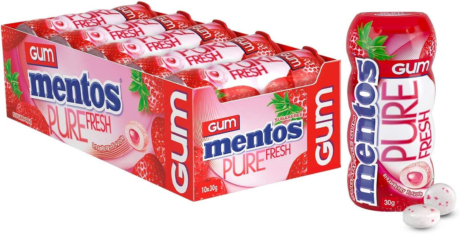 MENTOS Strawberry Sugar Free Sour Chewing Gum Bottle, 10 X 30 G image number 1