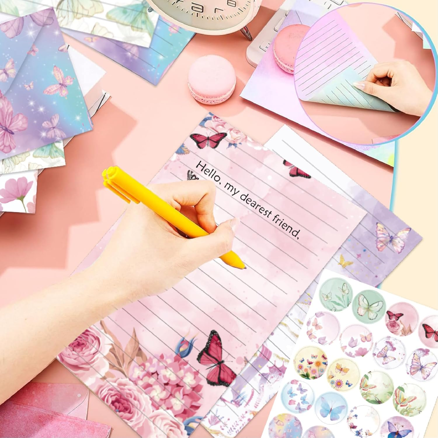 Buziba 160 Pcs Watercolor Butterfly Stationery Paper Writing Papers Matching Envelopes Set with round Stickers Lined Lettler for Writing Letters Greeting Cards Invitations (Watercolor Butterfly) image number 3