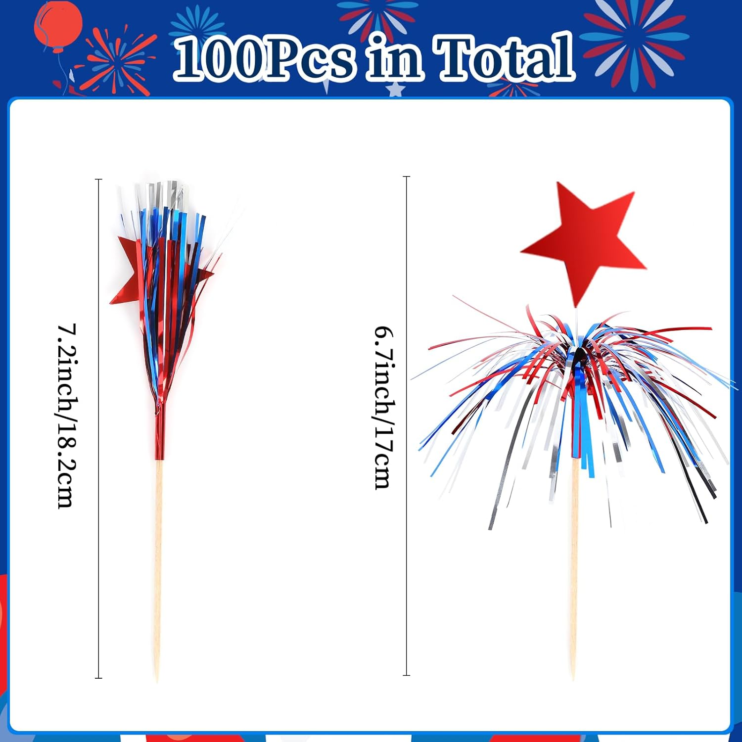 BOARDFEB 4Th of July Cocktail Picks 100Pcs, Patriotic Firework Picks with Red White Blue Stars Cocktail Sticks Cupcake Toppers Toothpicks for 4Th of July Party Food Drinks Appetizers Picks Decorations image number 5