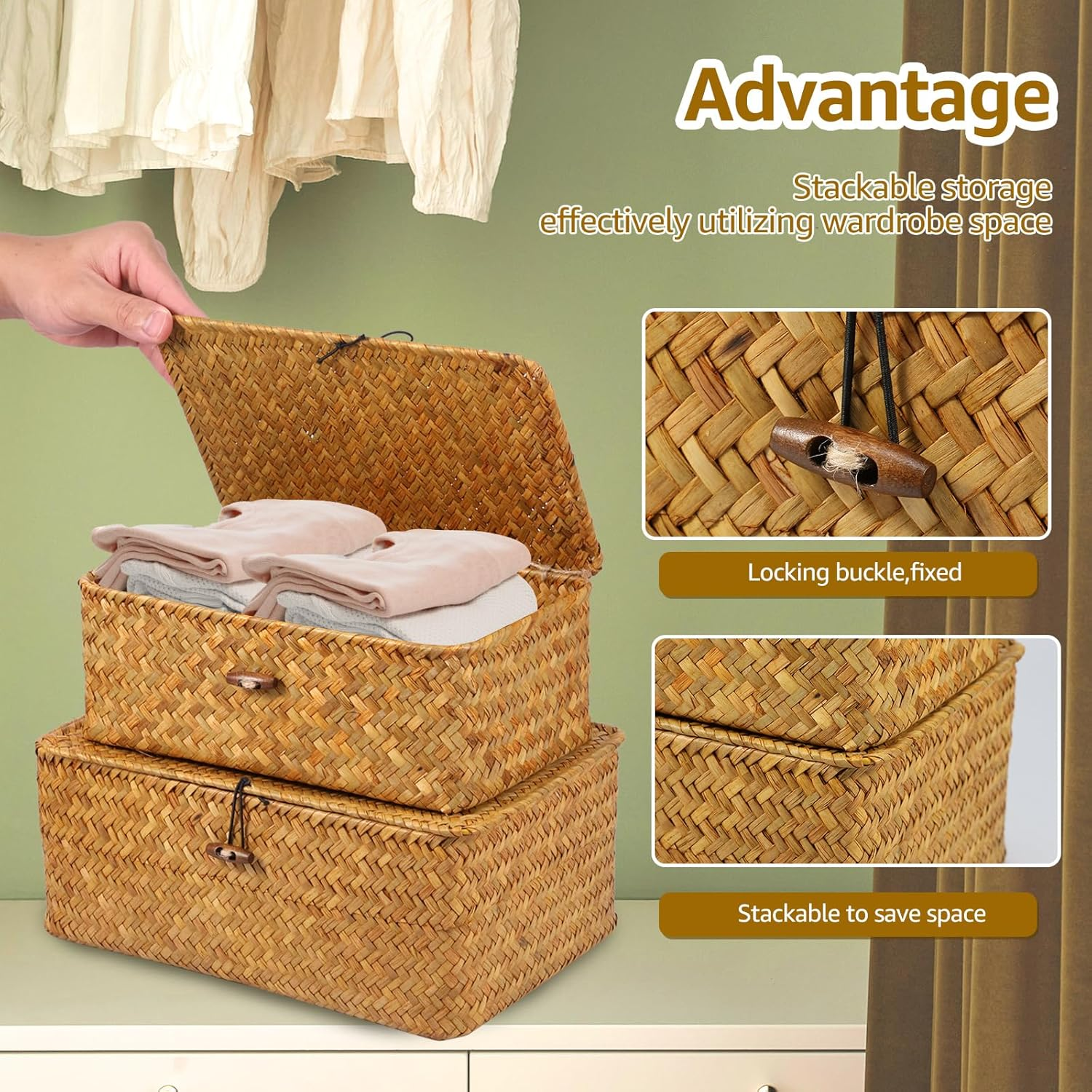 3 Pcs Hay Storage Basket - Handmade Woven Box with Lid, Sturdy Enduring Multifunctional Stackable Easy to Clean Basket for Toys Cosmetics Bathroom image number 4