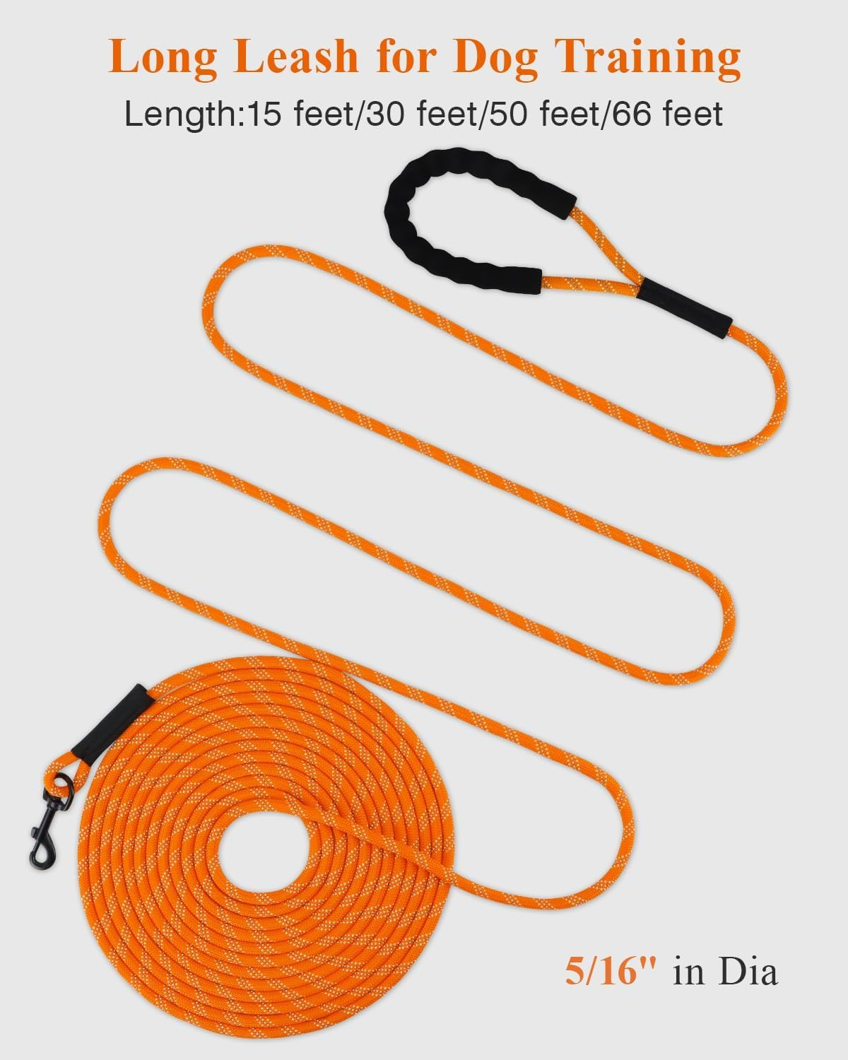 30FT Dog Leash with Training Clicker &ndash; Recall Dog Lead for Training, Walking, Camping &ndash; Durable Nylon with Padded Handle, Reflective Stitching, for Small, Medium & Large Dogs (Orange, 30FT) image number 4