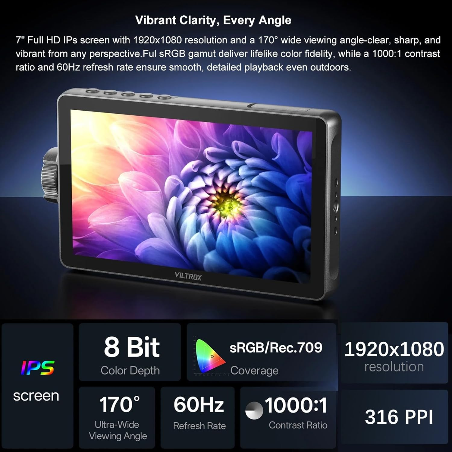 VILTROX DC-A1 with Battery Kit,7" 2800Nit Ultra-Bright Touchscreen Camera Field Monitor, 4K HDMI Input/Output, 1920X1080 FHD, DSLR External Monitor with Cooling Fan, Sunshade Hood,3D LUT image number 2