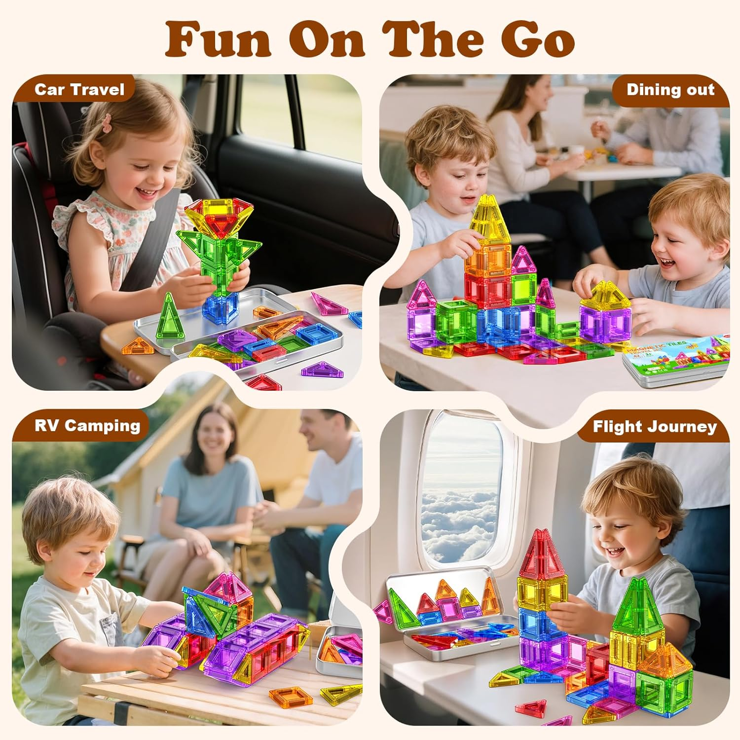 Travel Magnetic Tiles for Kids Ages 3-5 42PC Magnet Mini Building Blocks Kids Plane Toys for 3 4 5 6 7+Year Old Boys Girls Toddler Preschool STEM Construction Christmas Birthday Gifts with Iron Box