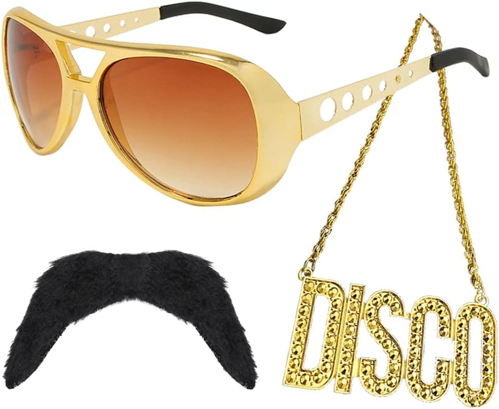 Men Hippie Costume Set - Disco & 60S/70S Accessories: Sunglasses, Mustache, Hippie Glasses, Disco Theme Party image number 3