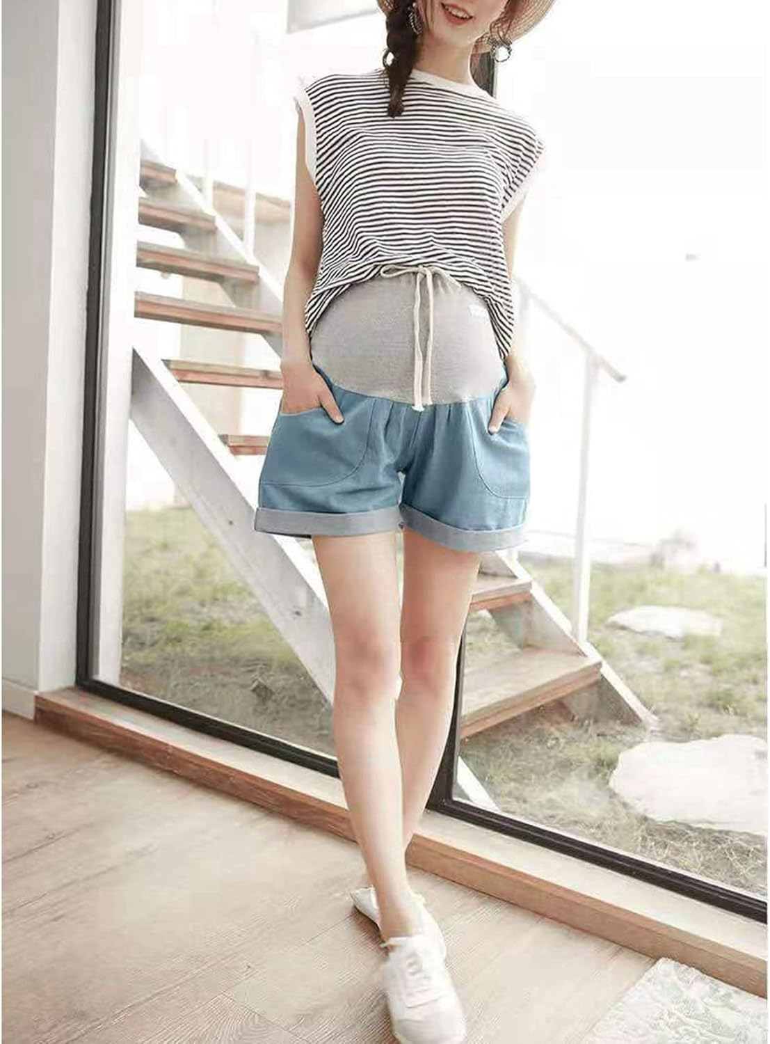 Qiribati Womens Jean Shorts Drawstring Maternity Denim Shorts Roll Hem Pregnancy Summer Short Jeans