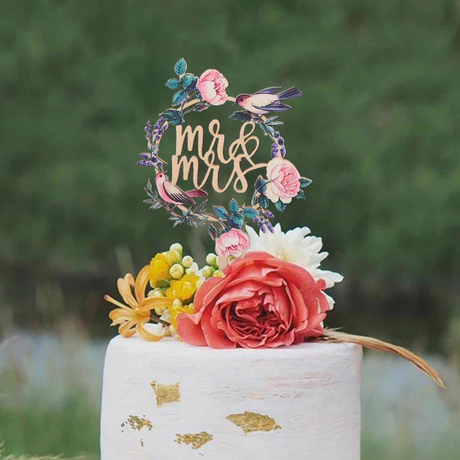 Mr & Mrs Wooden Cake Topper &ndash; Rose & Bird Floral Wedding Cake Decorations &ndash; Rustic Cake Sign for Engagement, Anniversary & Bridal Parties &ndash; 7 Inch Height image number 6