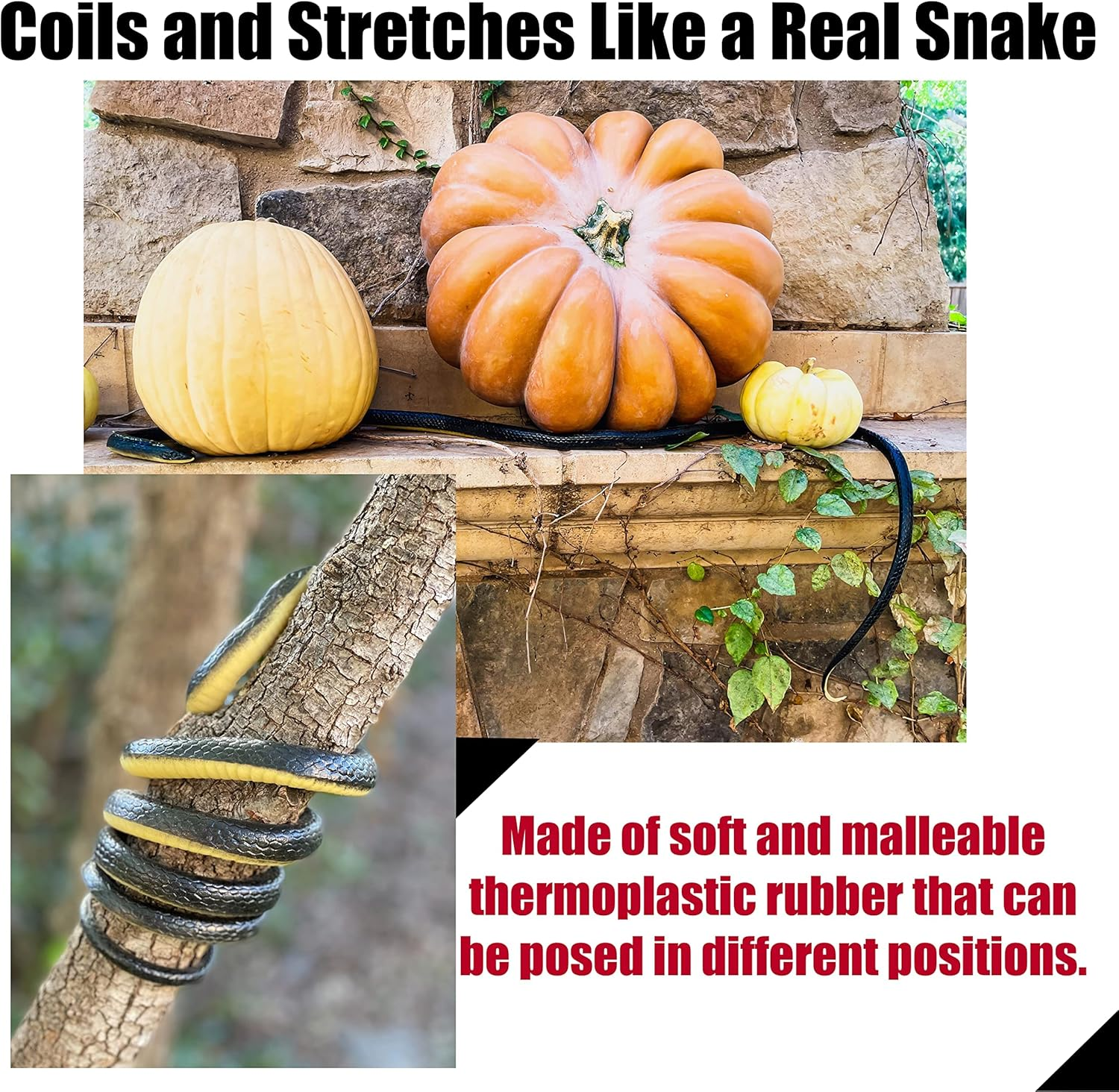 Funfamz Original Fake Snake Toy Pack - Realistic & Plastic Snake Prank, Large Black Snake Toy to Keep Birds Away image number 4