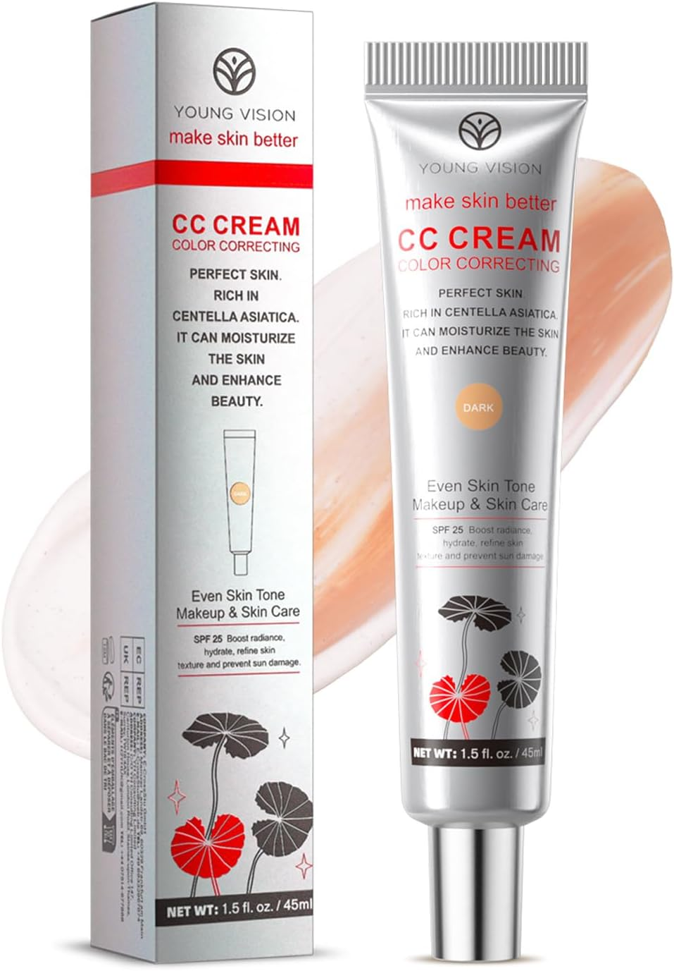 Multi-Purpose CC Cream with SPF 25 - Full Coverage Hydrating Foundation, Color Corrector & Primer with Centella Asiatica | Moisturizing Concealer & Sunscreen (Dark, CC) image number 5