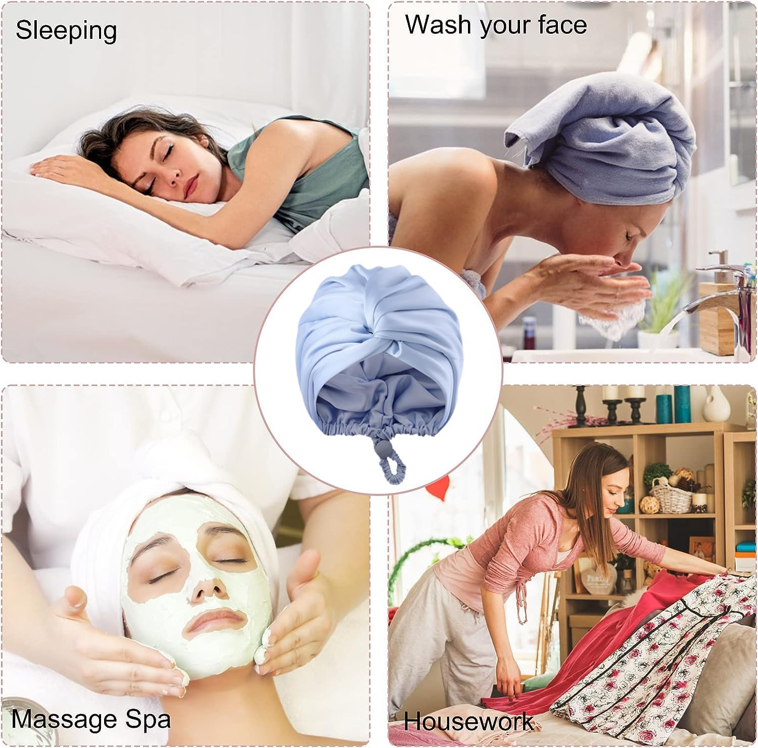 AUMA Adjustable Satin Silk Bonnet for Sleeping: Night Sleep Cap Turban for Women Men, Large Long Curly Hair Braid Wrap Tie Elastic Drawstring Band Stay on Head Unisex,Blue