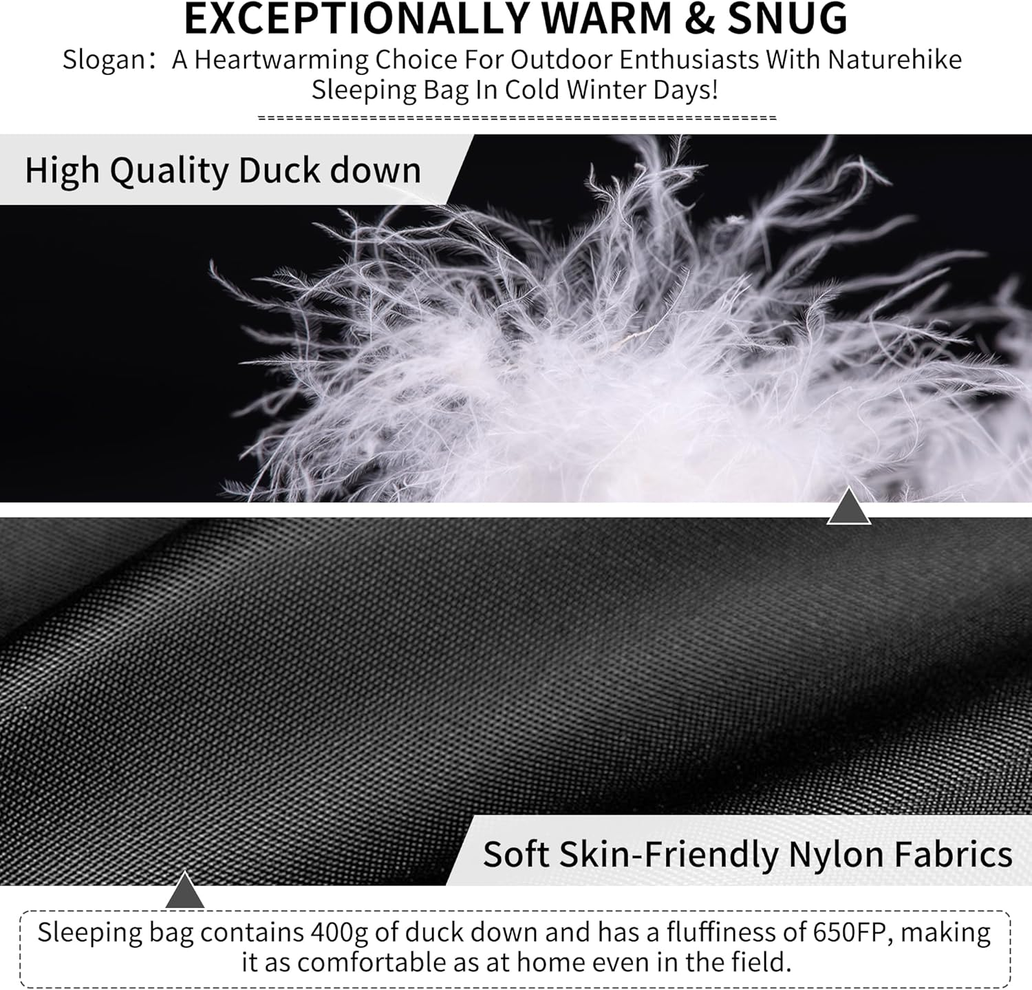 Naturehike down Sleeping Bag Ultralight Portable Compact Winter Sleeping Bag for Adults and Children Outdoor Camping, Hiking and Traveling - Black-L-650Fp image number 5