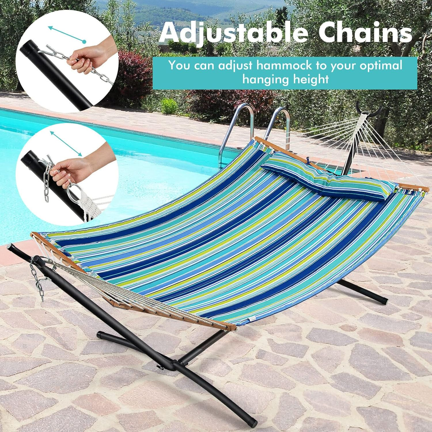 Costway Portable Hammock W/Spreader Bars & Detachable Pillow, Quick Dry & Water Proof Material, Hand Woven Cotton Rope, Outdoor Indoor Hammock for Patio, Poolside, Garden, Backyard image number 3