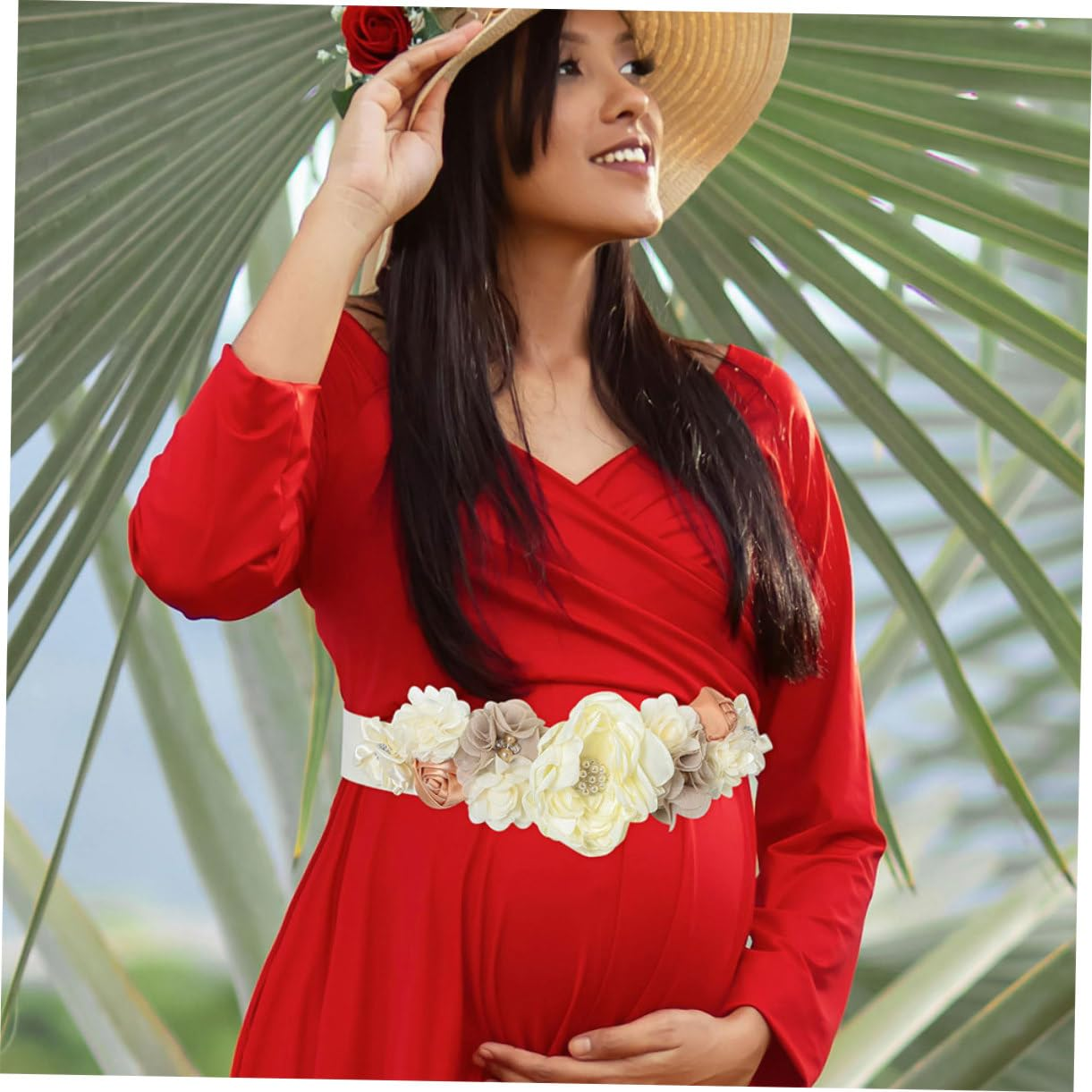 2Pcs Beige Maternity Sash Belt for Shower Decorations Pregnancy Keepsake Flowers Rhinestones for Photoshoots Expectant Mothers image number 5