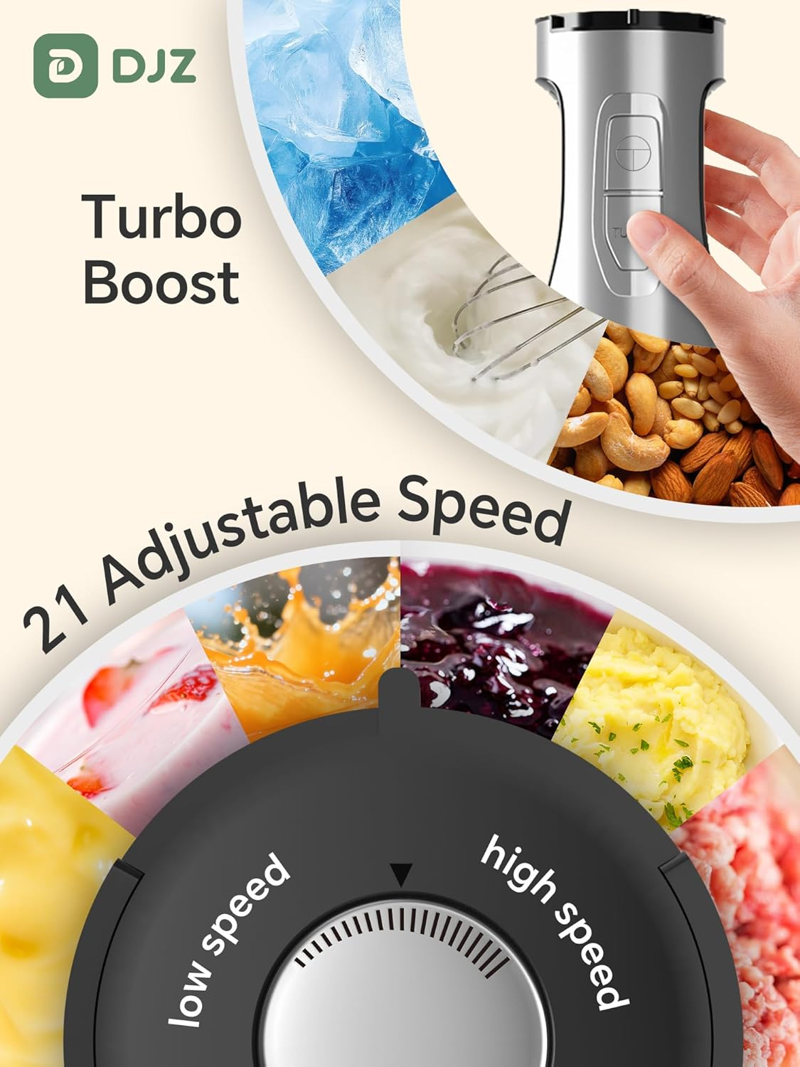 DJZ Hand Stick Blender 1200W-Immersion Blender 21-Speed for Home Cooking, Soups, Baby Food 5 in 1 with Chopper, Whisk, Milk Frother, Beaker Powerful Handheld Blender for Smoothies, Sauces, Purees image number 1