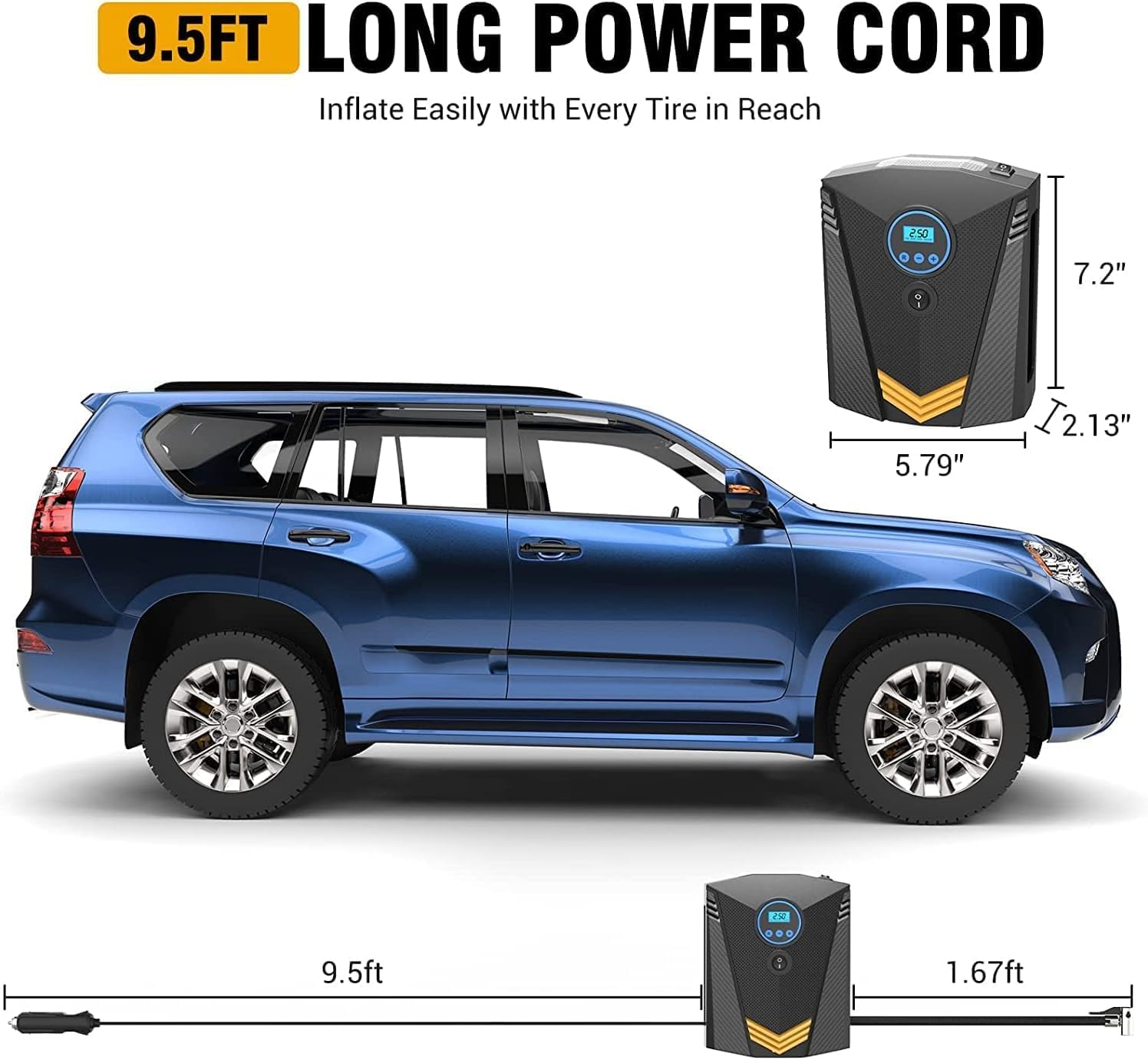 Air Compressor Tire Inflator, Portable 150PSI DC12V Air Pump 9.5FT Cord with Digital Pressure Display with LED Light, for Car, Bicycle and Other Inflatables image number 3