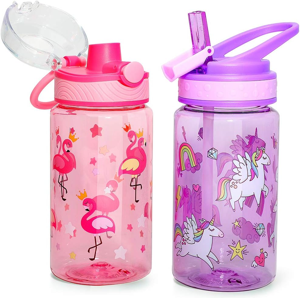 Home Tune 16Oz Kids Water Drinking Bottle - Tritan BPA Free, Flip Straw Lid, Wide Mouth, Carry Loop, Lightweight, Leak-Proof Water Bottle Cute Design for Girls & Boys - 2 Pack Unicorn & Flamingo image number 3