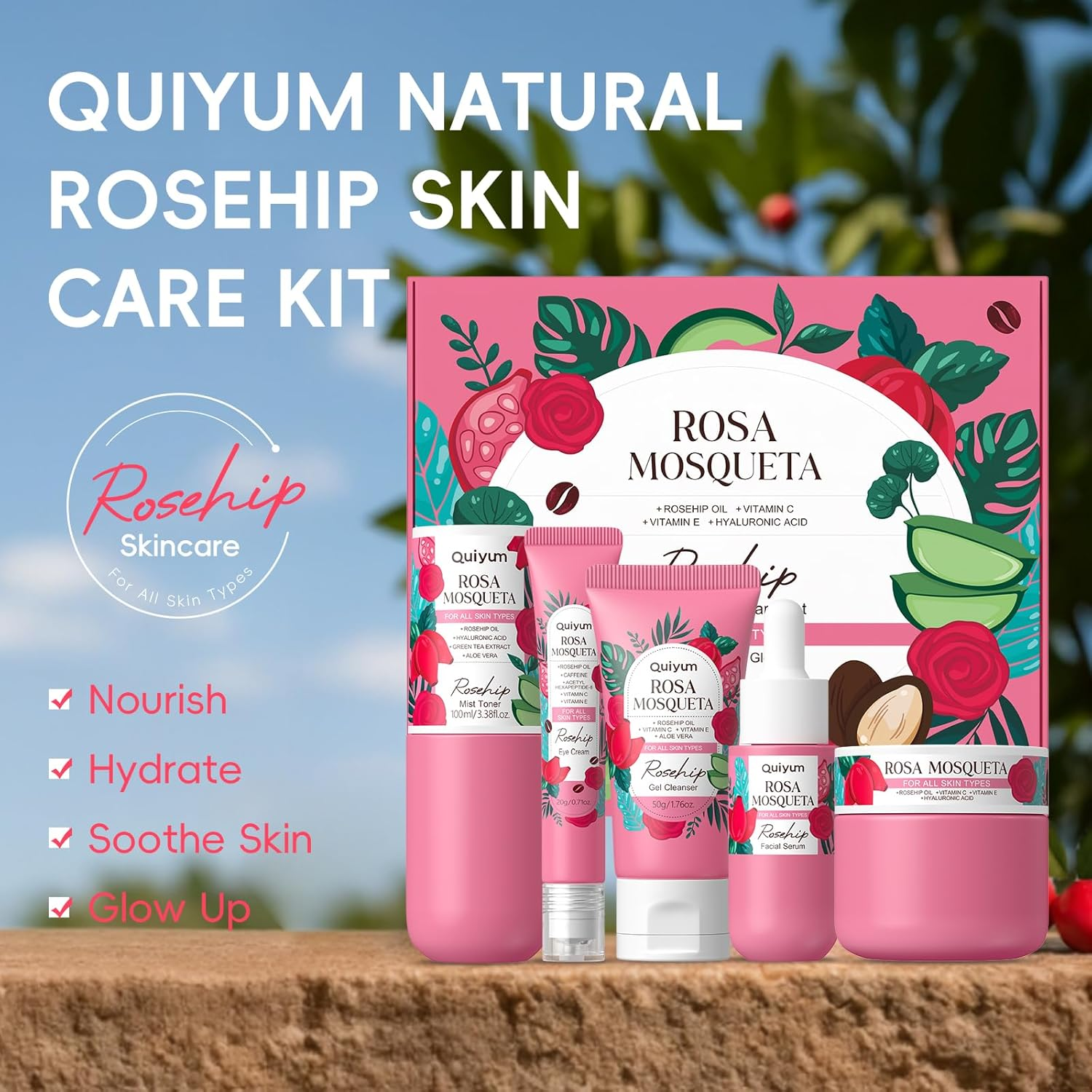 Rosehip Skin Care Set, 5 Daily Routine Beauty Skin Care for Teens 10-12 - Gift Set with Cleanser, Toner, Eye Cream, Cream, Serum, Facial Care Set for Women, Girl,Travel Set, for All Skin Types image number 3