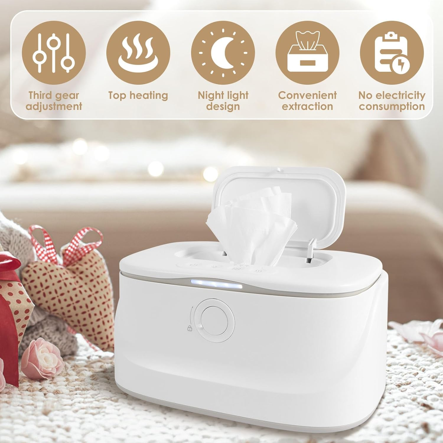 USB Baby Wipe Warmer with LED Light,Baby Wipe Warmer Dispenser,3 Adjustable Temperature Diaper Wipe Warmer Portable Baby Wipe Heater Warmer Keeps Wipes Warm and Moist for Newborns Baby Nursery image number 5