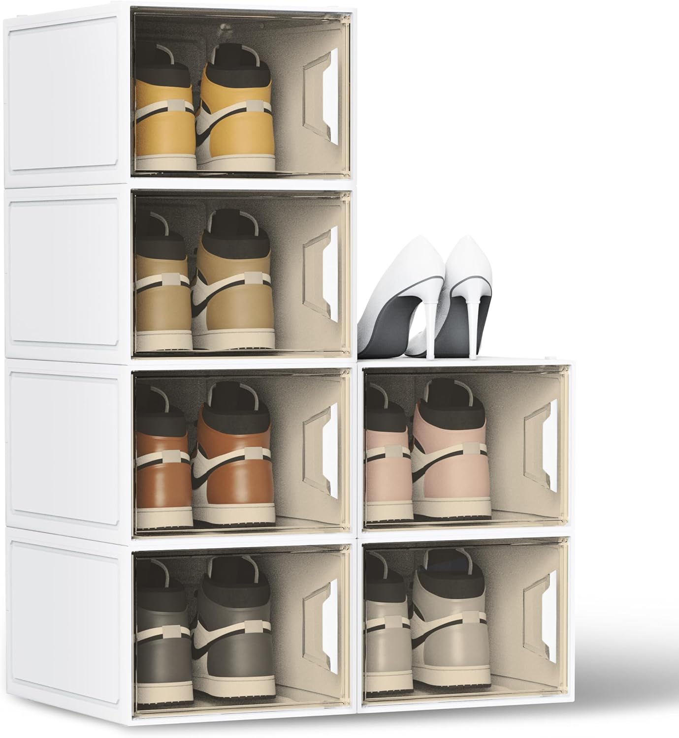SEE SPRING 6 Packs Large Hard Plastic Shoe Organizer Box Compatible with Christian Louboutin Magnetic Door, Sturdy Stackable Clear Bins, Toy Storage, Entryway Rack (6 Packs - Coffe&Clear)