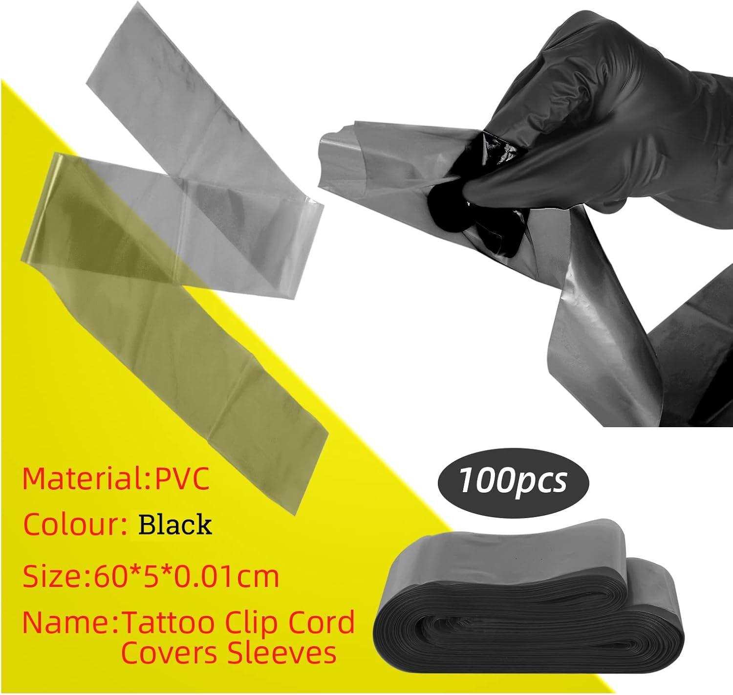 ATOMUS 100Pcs Tattoo Clip Cord Sleeves with 2Pcs Self-Adhesive Bandage Disposable Plastic Cover Bags Tattoo Pen Bag Tattoo Machine Accessories (Black) image number 1