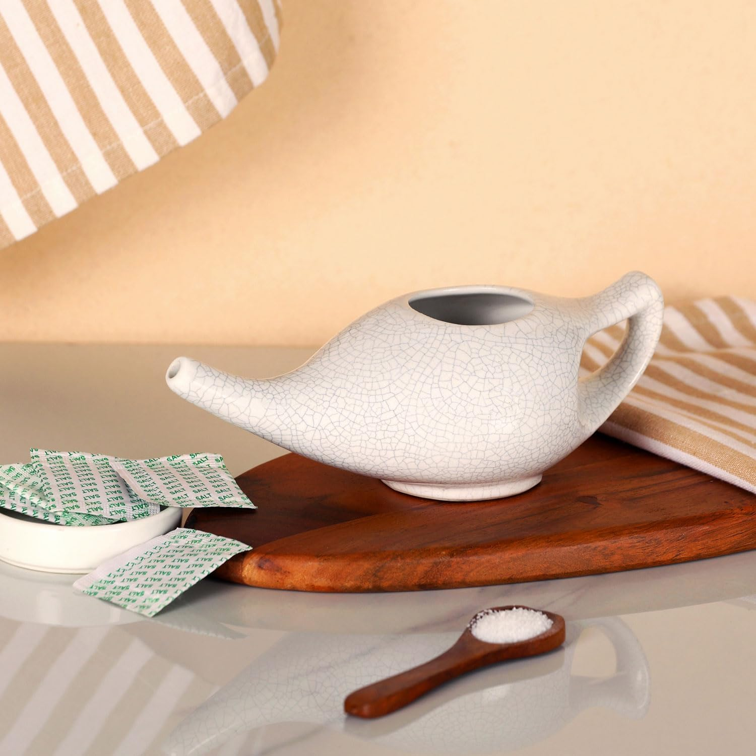 Crackle Pattern Ivory Ceramic Neti Pot for Nasal Cleansing | Travel-Friendly Design | Natural Treatment for Sinus, Infection and Congestion | Neti Pot with 5 Sachets of Neti Salt