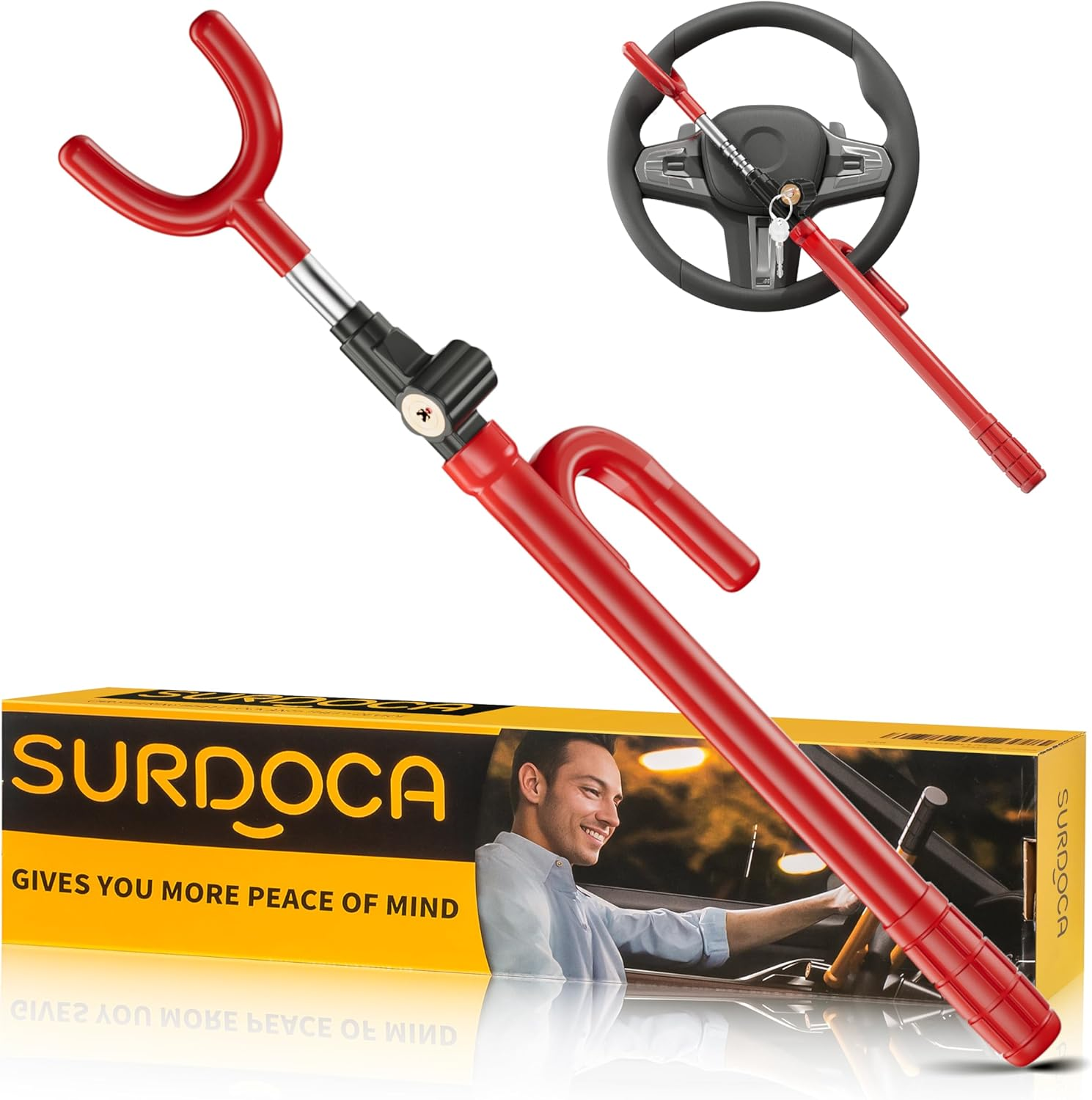 SURDOCA Car Steering Wheel Lock Anti-Theft Device, Easy Installation Steering Wheel Locks for Cars SUV Van, Upgraded Lock Cylinder, Rubber Protection, Extendable Universal Security Devices, Red