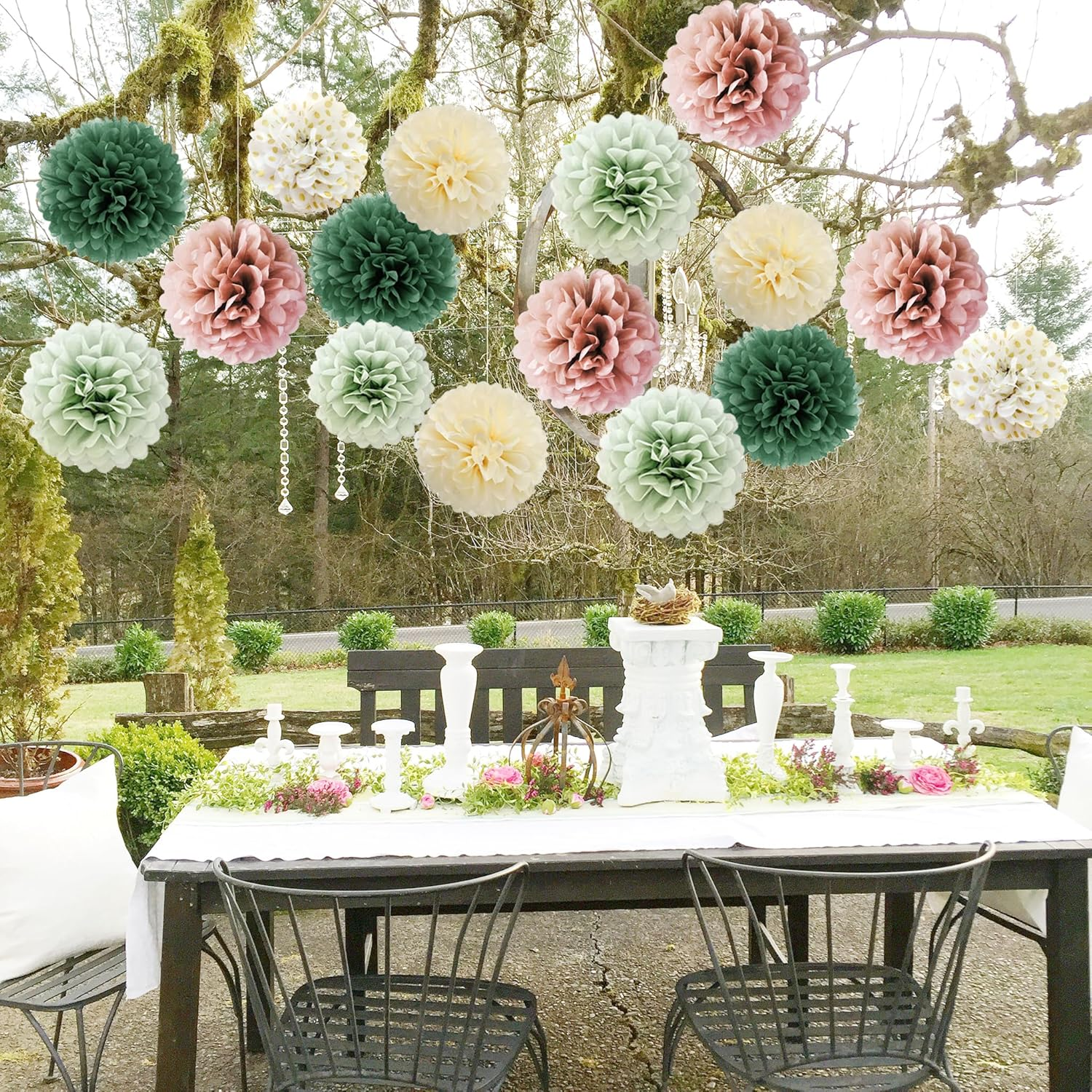 16Pcs Dusty Rose Olive Sage Green Tissue Paper Pom Poms Flowers Sage Green Dusty Pink Party Decorations for Bridal Shower Baby Shower Rustic Wedding Birthday Engagement Party Decorations image number 3