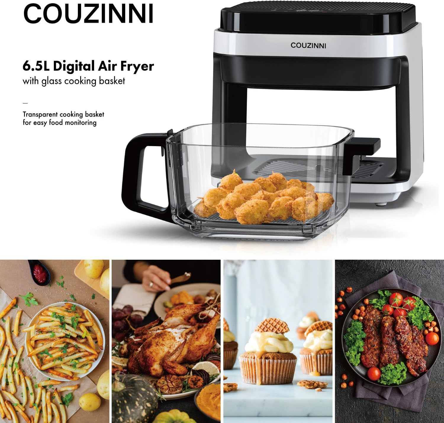 Couzinni 6.5L Digital Glass Air Fryer, 8In1 Cooker Pot for Quick Easy Oiless Meals, Fry, Roast, Bake, with Easy-View Window Cooking Basket, Mesh Tray and Heatproof Mat image number 5