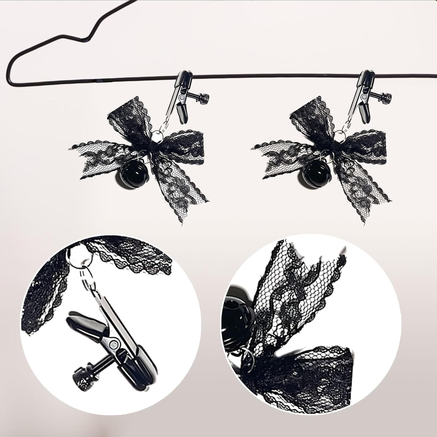 1 Pair Black Lace Nipple Clamps,Non-Piercing Metal Chain Pressure Breast Clamp,Black Bells Sexual Pleasure Nipple Clamps,Adult Toys Suitable for Couples image number 3