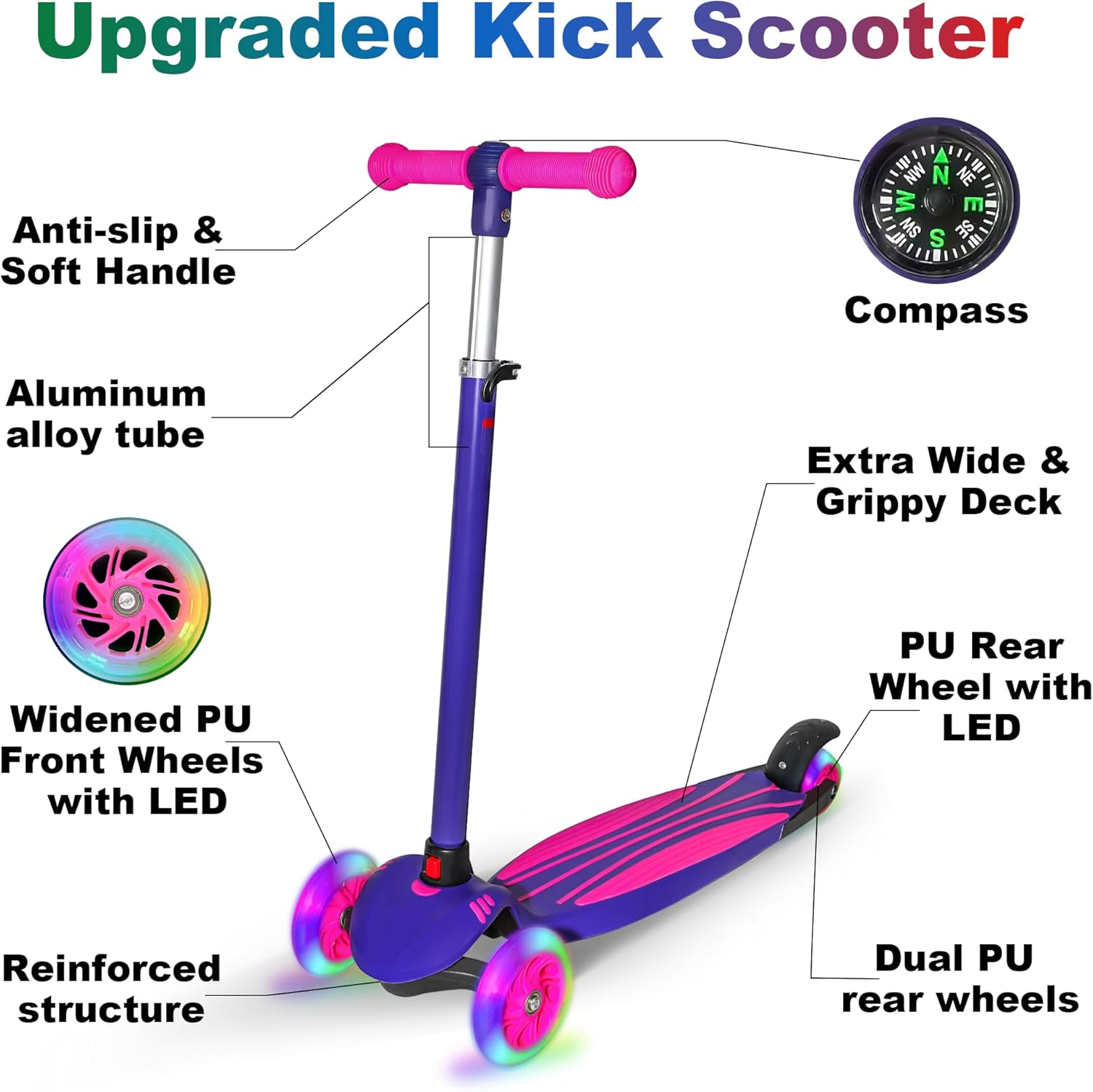 Kids Scooters for Boys Girls, 3 Wheel Kick Scooter with Light up LED Wheels, 3 Adjustable Height,R Ear Brake,Lean to Steer, Detachable ＆ Portable Lightweight Scooter for Children Ages 3-12 - Blue image number 3