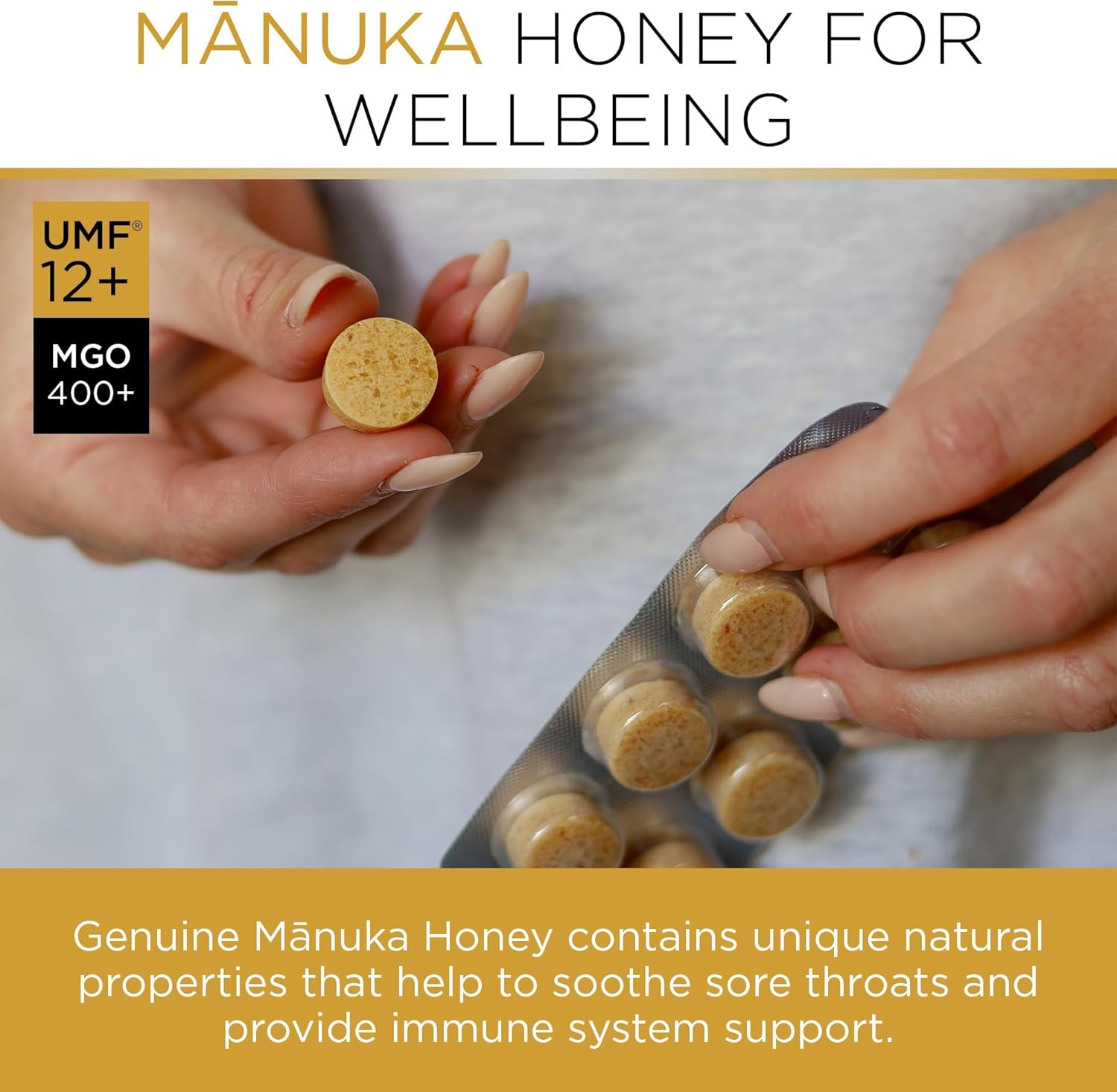 PURITI Manuka Honey Lozenges - Premium Throat Soothers for Coughs & Sore Throats - Genuine New Zealand Raw Manuka Honey Flavor - Certified UMF12+ MGO 400+ (16 Pack) image number 3