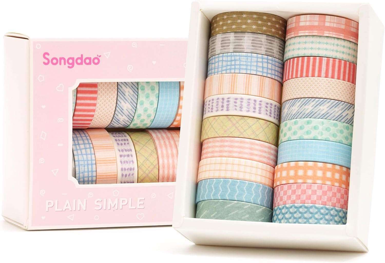 Songdao 20 Rolls Basic Washi Tape Set Japanese Arts Adhesive Tapes Simple Patterns Decorative Masking Tape Sets for Craft, Kids, Scrapbook, DIY, Gift Wrapping (Style One)
