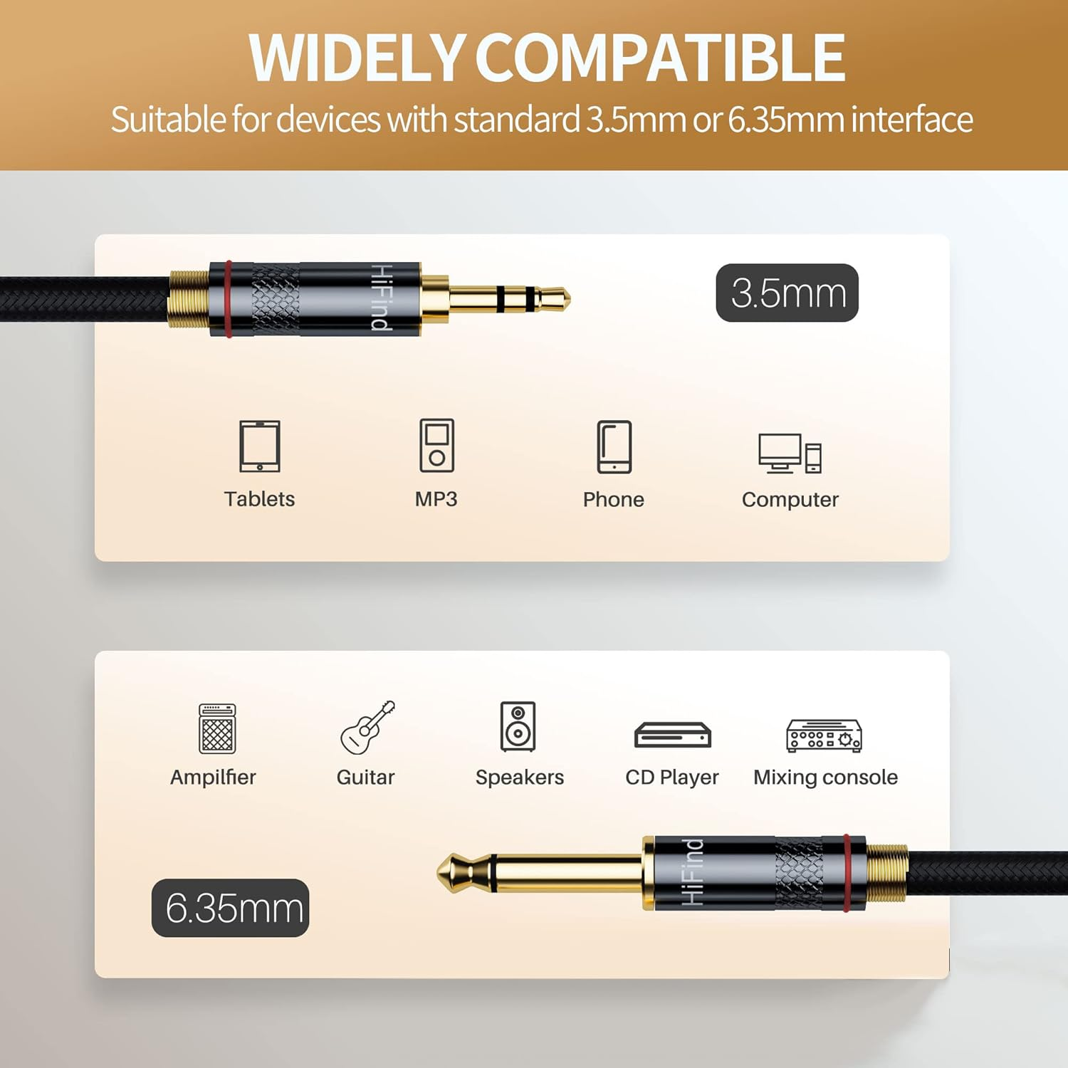 Hifind 3.5Mm to 6.35Mm Stereo Audio Cable 6 Ft (Hi-Fi Sound-Silver Plated Copper-Spring Sr-Braided) 3.5 Mm 1/8" TRS Male to 6.35 Mm 1/4" TRS Male Bidirectional Cable for Guitar,Home Theater,Speaker image number 3