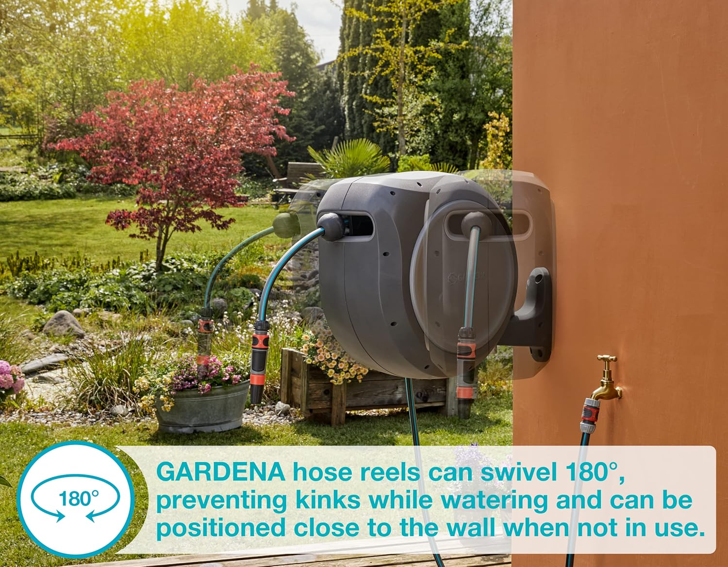 Gardena 8050-83 Foot Wall Mounted Retractable Reel with Hose Guide, Automatic Retraction for Easy Watering