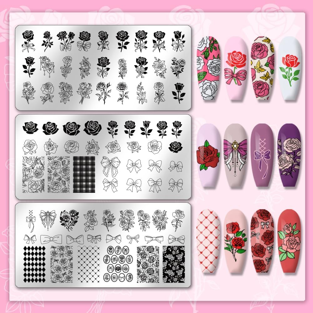 PH Pandahall 3Pcs Rose Flower Nail Stamping Plates Bow Bouquet Nails Art Stencils Plants Manicure Art Templates Vintage Floral Print Nail Stencils for Women Manicures Salon Design DIY Tools Supplies image number 2