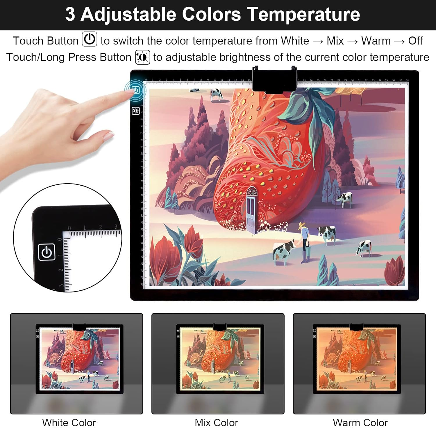 ASRAS A3 Led Light Pad with Carry Bag , 2500Mha Battery Powered , 3 Colors Stepless Dimmable 6 Levels of Brightness Light Box Tracing Light Box for Diamond Painting ,Built-In Stand, Magnet Clip image number 5