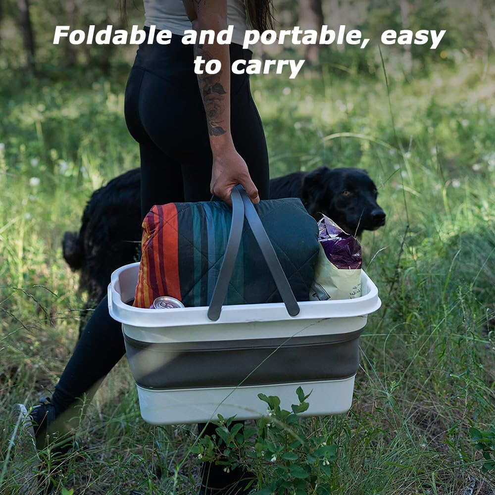 TOMVAES 16L Collapsible Picnic Basket with Handles & Lid - Picnic Basket with Table Foldable, Lightweight, Water-Proof & Leak-Proof for Picnics, Camping, Travelling and Road Trips (White) - White image number 2