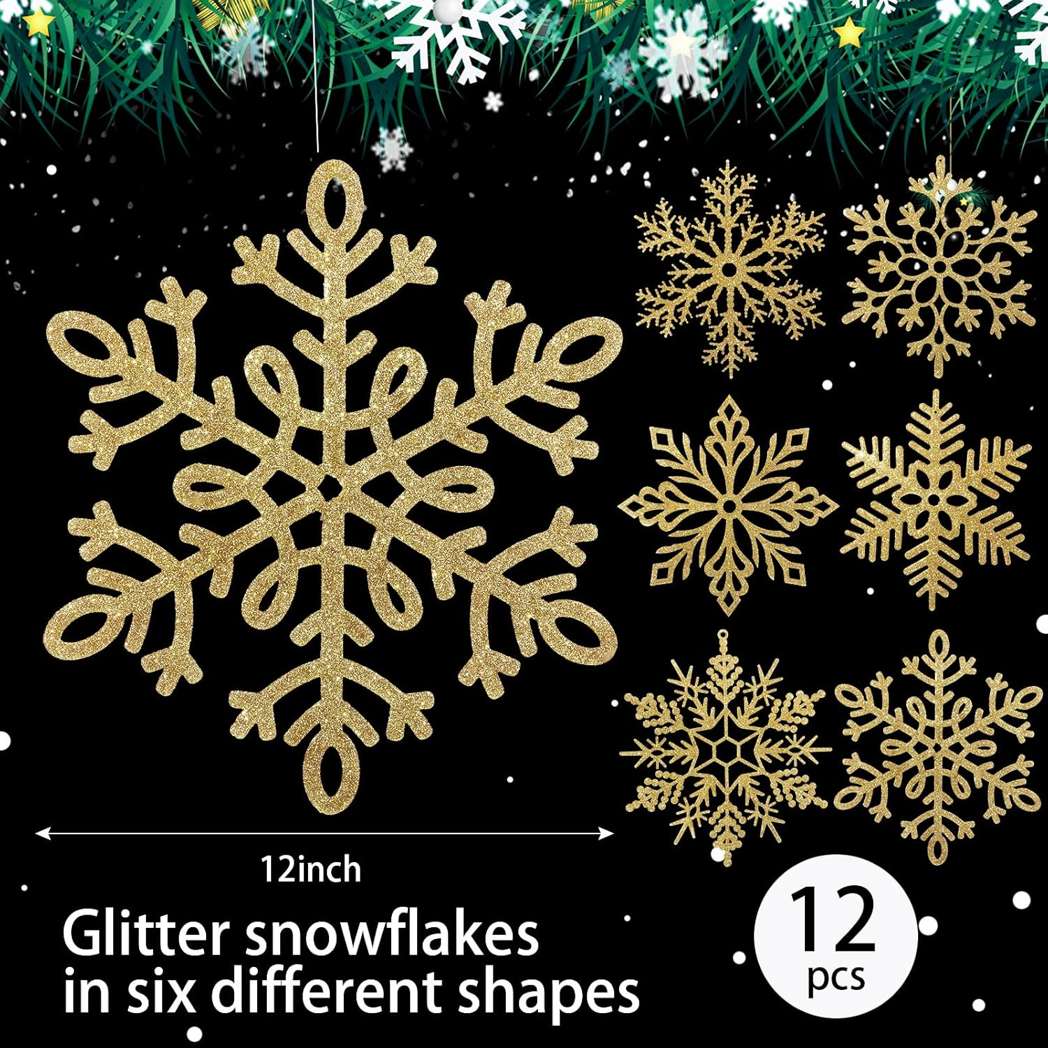 Sratte 12 Pack Large Glitter Snowflakes Ornaments 12" Plastic Giant Winter Christmas Hanging Decor Oversized Snowflakes Ornaments for Indoor Outdoor (Gold) - Gold image number 4