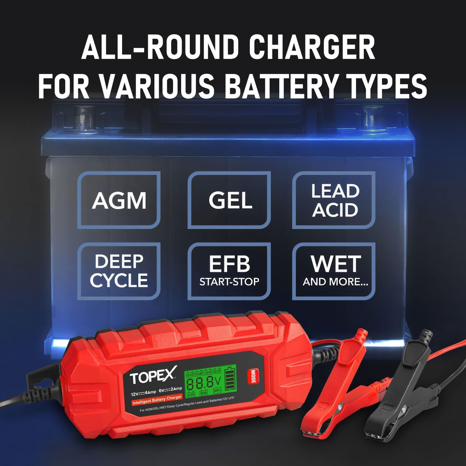 TOPEX Car Battery Charger, 12V 4A/ 6V 2A Smart Automatic Battery Charger Maintainer IP65 Rated W/ 10 Stage Charging LCD Display for Lead Acid, Lifepo4 Battery in Car, Truck, Motorcycle, Boat, SUV, ATV image number 2